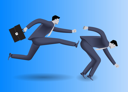 Tough competition business concept. Confident businessman in business suit with case in his hand kicks his stumbled opponent to clear his way. Concept of competition, rivalry, win and loose.のイラスト素材