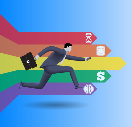 Searching treasure at the end of the rainbow concept. Confident businessman in business suit with case in one hand and smart phone in other runs trying to find treasure at the end of the rainbow.のイラスト素材