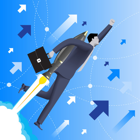 With the rocket speed business concept. Confident businessman in business suit with case in his hand and rocket engine on his back flies upwards at high speed. Concept of startup and quick success.のイラスト素材