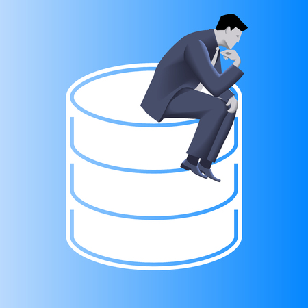 Big data business concept. Pensive businessman in business suit sits on top of huge database sign. Symbols of data driven business. Vector illustration. Use as template, background.のイラスト素材