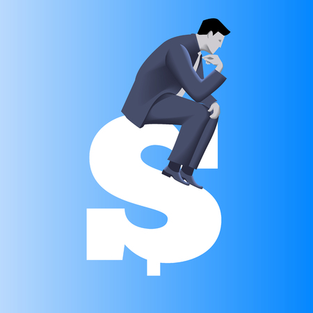 Big money business concept. Pensive businessman in business suit sits on top of huge dollar sign. Symbols of money driven business. Vector illustration. Use as template, background.のイラスト素材