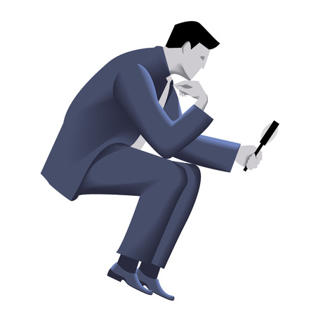Businessman with magnifier template. Sitting pensive businessman in business suit with magnifier in his hand. Vector illustration. Use as template, background or other design.のイラスト素材