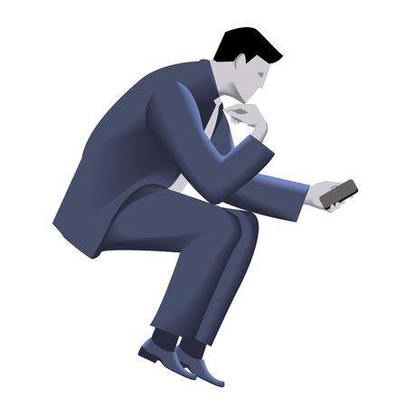 Businessman with smart phone template. Sitting pensive businessman in business suit with smart phone in his hand. Vector illustration. Use as template, background or other design.のイラスト素材