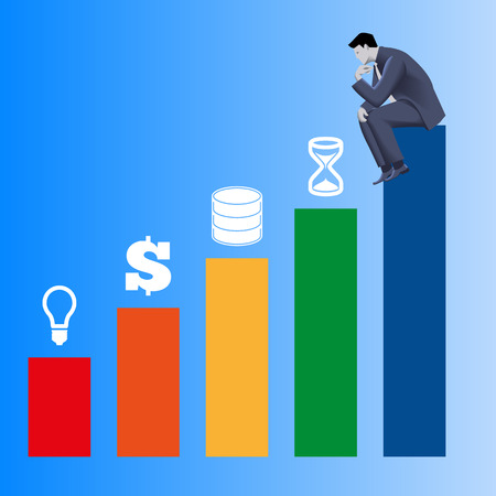Components of success business concept. Pensive businessman in business suit sits on highest bar of bar chart and looks on other bars with idea, money, data and time above. Vector illustration.のイラスト素材