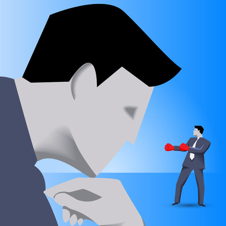 Corporate vs small business competition concept. Huge businessman looks with irony on brave small businessman in boxing gloves. Vector illustration. Use as template, background or other design.のイラスト素材