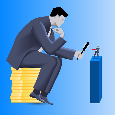 Corporate vs small business competition concept. Huge businessman sitting on pile of gold coins looks via magnifier on brave small businessman in boxing gloves. Vector illustration.のイラスト素材