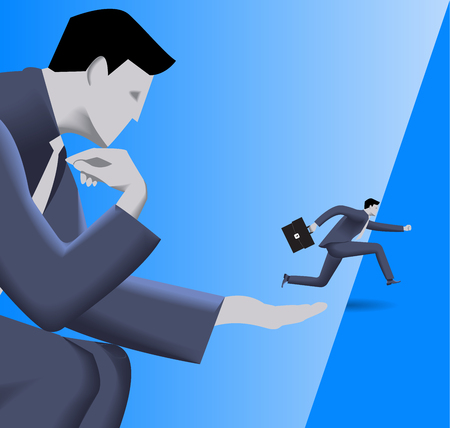 Corporate vs small business cooperation concept. Huge businessman helps small businessman to jump over abyss. Concept of help, protection, cooperation, collaboration, mentoring. Vector illustration.のイラスト素材