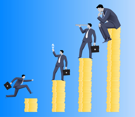 Hierarchy concept. Different business roles on different payment options. Payment and position business differentiation. Overlooking, motivating, searching and working roles.Vector illustration.のイラスト素材