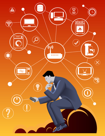Internet of things business concept. Pensive businessman in business suit with smart phone sitting on the cloud trying smart home concept and developing business strategy for new business field.のイラスト素材