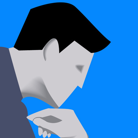 Thinking businessman template. Pensive businessman in business suit isolated on blue background. Vector illustration. Use as template, background or other design.のイラスト素材