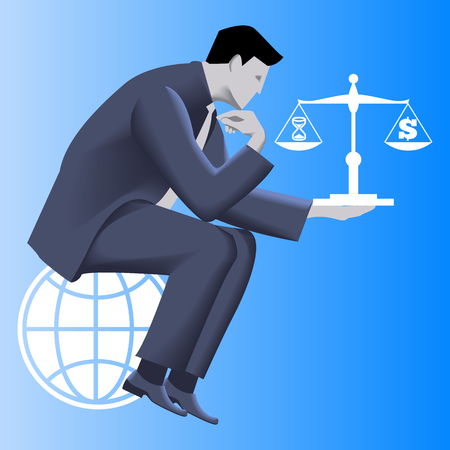 Time money balance business concept. Pensive businessman in business suit sitting on the globe and holding scales with time symbol on left plate and dollar symbol on right plate. Vector illustration.のイラスト素材