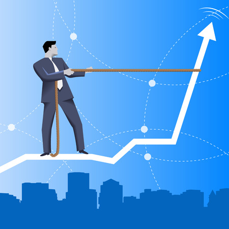 Trend taming business concept. Confident businessman in business suit riding on back of rising graph over the city. Vector illustration. Use as template, background or other design.のイラスト素材