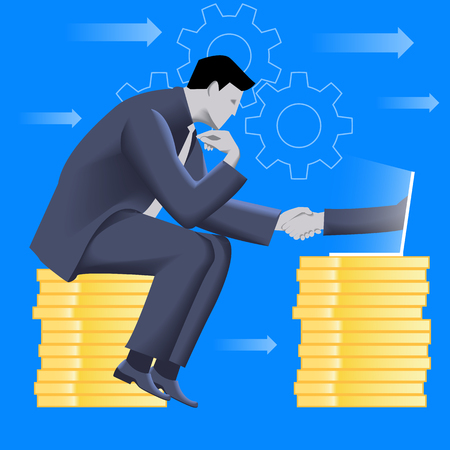 Deal over internet business concept. Pensive businessman in business suit sits on top of pile of coins and shakes hand of another businessman coming from laptop. Vector illustration.のイラスト素材