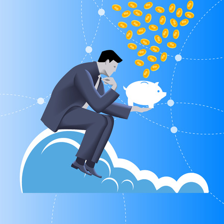 Fundraising business concept. Pensive businessman in business suit sits on top of cloud with piggy bank in his hand under rain of coins. Attracting investments, crowdfunding, fundraising conceptsのイラスト素材