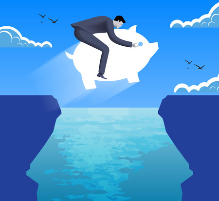 Riding on savings on crisis time business concept. Confident businessman in business suit jumps on piggy bank over abyss between two cliffs. Vector illustration. Use as template, background.のイラスト素材