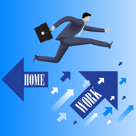 Business first business concept. Confident businessman in business suit with case in his hand jumps from HOME flying arrow to WORK flying arrow. Business before home concept. Vector illustration.のイラスト素材