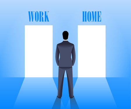 Work life balance business concept. Confident businessman in business suit stands before HOME and WORK doors and have to pick one. Vector illustration. Use as template, background.のイラスト素材