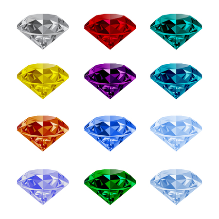 Set of shining jewels isolated on white background. Jewel and jewelry. Colorful gems and gemstones. Diamond, emerald, ruby, topaz, sapphire, garnet, grandidier, tourmaline vector.のイラスト素材