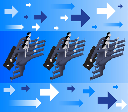 Corporate army business concept. Formation of confident businessmen in business suits with cases marching forward. Vector illustration. Use as template, background.のイラスト素材