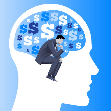 Financial thinking business concept. Pensive businessman in business suit thinking inside human brain filled with dollar signs. Vector illustration. Use as template, background.のイラスト素材