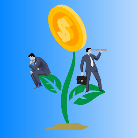 Growing profit business concept. Confident businessmen in business suits stand on growing plant with golden coin instead of flower . Vector illustration. Use as template, background.のイラスト素材