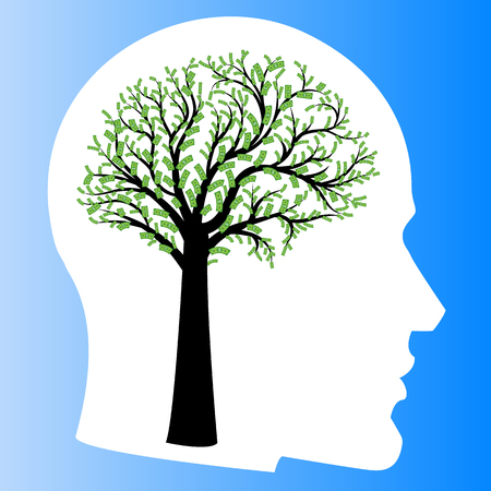 Money tree in shape of human brain inside head. Big tree with dollar bills in form of human brain instead of leaves. Vector illustration , Concept of financial thinking, development of profit strategyのイラスト素材