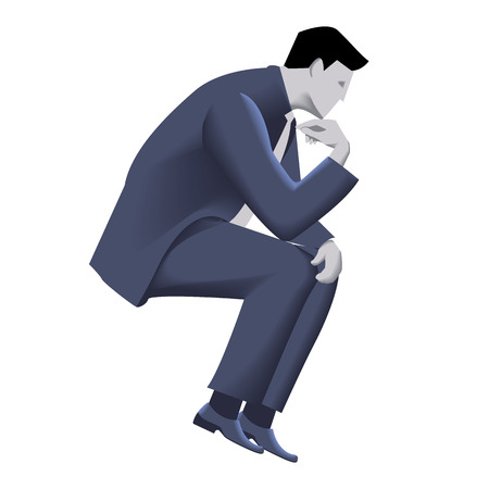 Pensive businessman business template. Pensive businessman in business suit with case sitting and thinking isolated on white background. Vector illustration. Background, template, part of design.のイラスト素材