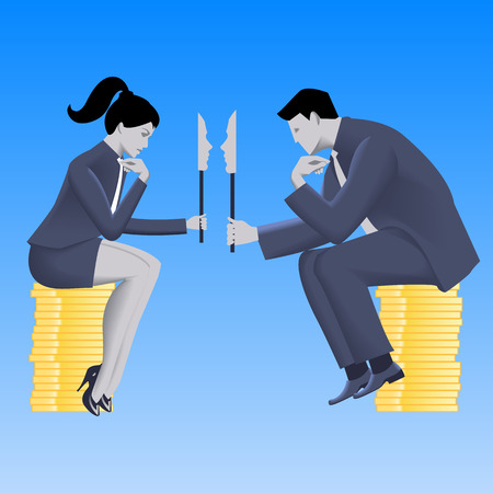 Negotiations of masks business concept. Confident businessman in business suit talks with business lady and both are holding masks covering their true intentions. Talk, conversation, deception vector.のイラスト素材