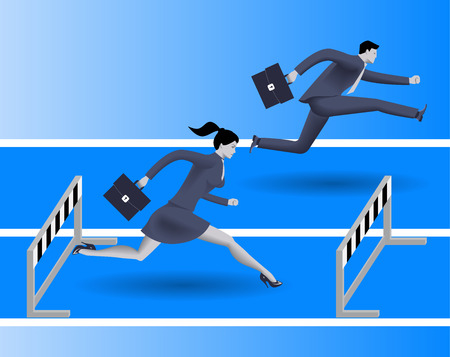 Gender inequality on career path business concept, Business lady runs against businessman on career path, but fails because on her side of path there are a lot of obstacles. Gender differences.のイラスト素材