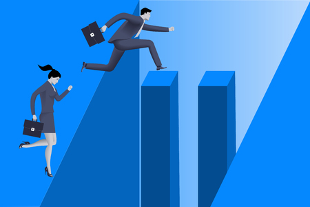 Gender inequality on career path business concept, Business lady stops before abyss, but businessman jumps over abyss because he has helping pillars on his way. Concept of career disparity, foul playのイラスト素材