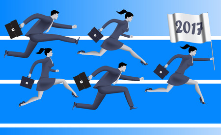 Running to year 2017 business concept. Confident business people run with flag with number 2017. Concept of team, new horizon, new opportunities and challenges. Vector illustration.のイラスト素材