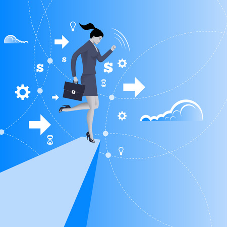 Balancing on the edge of the cliff business concept. Business lady in business suit with case balancing on the edge of the cliff. Concept of crisis, crisis management. Vector illustration.のイラスト素材