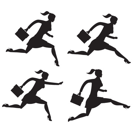 Business lady running set of silhouettes. Running business lady in business suit isolated on white background. Vector illustration. Use as template, background or part of any design.のイラスト素材