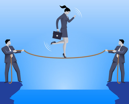 Teamwork during crisis time business concept. Two confident businessmen are holding a rope over an abyss and business lady is balancing on this rope. Vector illustration.のイラスト素材