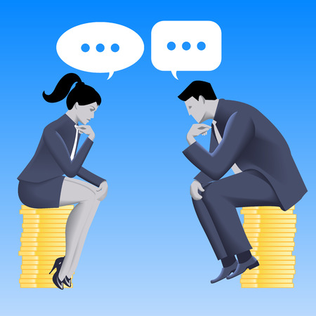 Equal partnership business concept. Pensive businessman and business lady in business suits sit on equal stacks of coins and talking. Equality, partnership, fair play. Vector illustration.のイラスト素材
