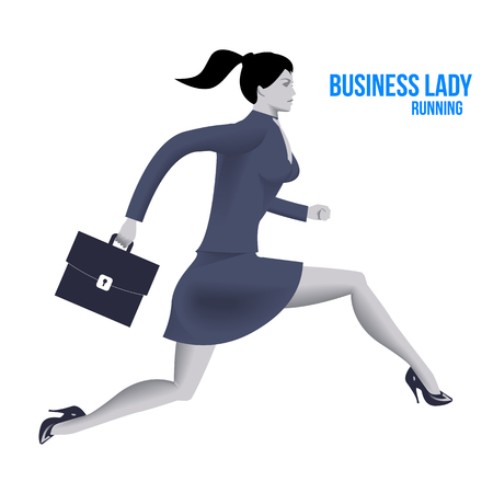 Business lady running template. Running business lady in business suit with case isolated on white background. Vector illustration. Use as template, background or part of any design.のイラスト素材
