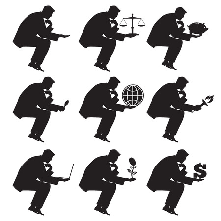 Businessman sitting thinking set of silhouettes. Sitting pensive businessman in business suit isolated on white background. He holds dollar, globe, laptop, magnifier, scales, piggy bank, torch.のイラスト素材