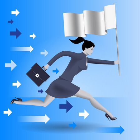 Carrying the flag business concept. Confident business woman in business suit with case in one hand and flag in other runs as fast as can. Leadership concept. Vector illustrationのイラスト素材