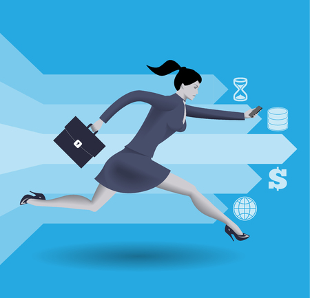 Digital market race business concept. Confident business woman in business suit with case in one hand and smart phone in other runs fast along arrows on blue background.のイラスト素材