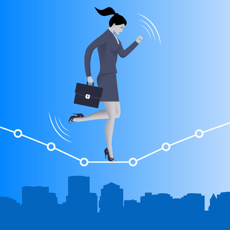 Equilibrium business concept. Confident business woman in business suit with case balancing on dotted graph over the city going from dark into the light. Vector illustration.のイラスト素材