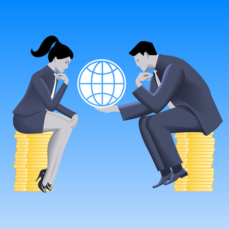 Global growth strategy business concept. Pensive businessman in business suit with globe in his hands sits on stack of coins and talks with business lady. Partnership, fair play, strategy discussion.のイラスト素材