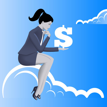 Financial thinking business concept. Pensive business woman in business suit with dollar sign in her hand sitting on the cloud. Business thinking, profit and financial success concept.のイラスト素材