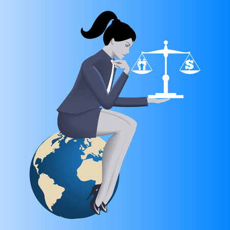 Work life balance business concept. Pensive business woman in business suit sitting on the globe and holding scales with family symbol on left plate and dollar symbol on right plate.のイラスト素材