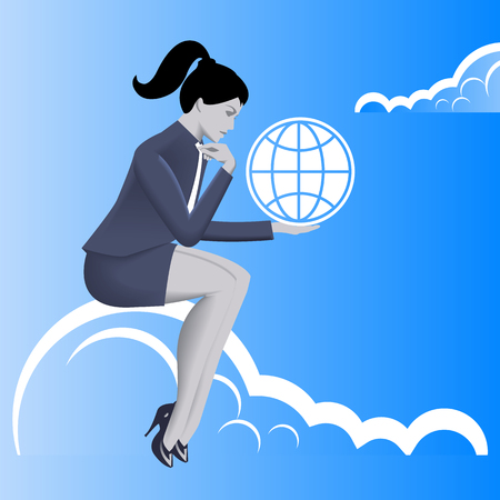 Global dominance business concept. Pensive business woman in business suit with globe symbol in his hand sitting on the cloud thinking about global dominance of her business. Strategy growth concept.のイラスト素材