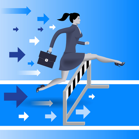 Over the obstacles business concept. Confident business woman in business suit with case jumps over the obstacle on her way to success. Concept of career success, Vector illustration.のイラスト素材