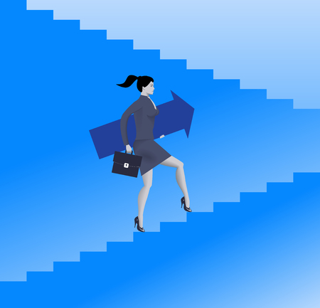 Raising up career ladder business concept. Confident business woman in suit and with case raising up the ladder holding big arrow. Career opportunities and career ladder. Vector illustrationのイラスト素材