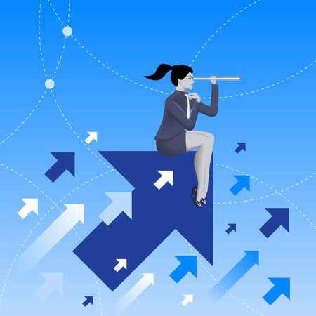 Searching the opportunities business concept. Confident business woman sitting on arrow flying up and watching in looking glass. Search for opportunity, contacts, new fields, development.のイラスト素材