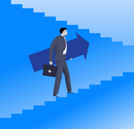 Raising up career ladder business concept. Confident businessman in suit and with case raising up the ladder holding big arrow. Career opportunities and career ladder. Vector illustrationのイラスト素材