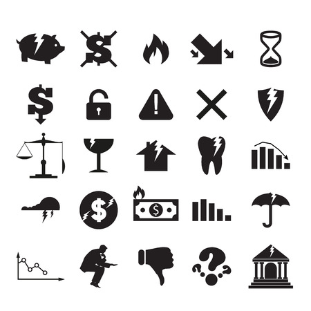Set of black crisis business signs and logos isolated on white background. Cracking bank, burning money, broken piggy bank, falling graph, broken umbrella, open lock, broken shield, empty sandglassのイラスト素材