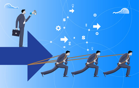 Boss business concept. Three confident businessmen in suits pull big arrow with one more businessman on top of it with case and loudspeaker. Team, teamwork, micro management.のイラスト素材